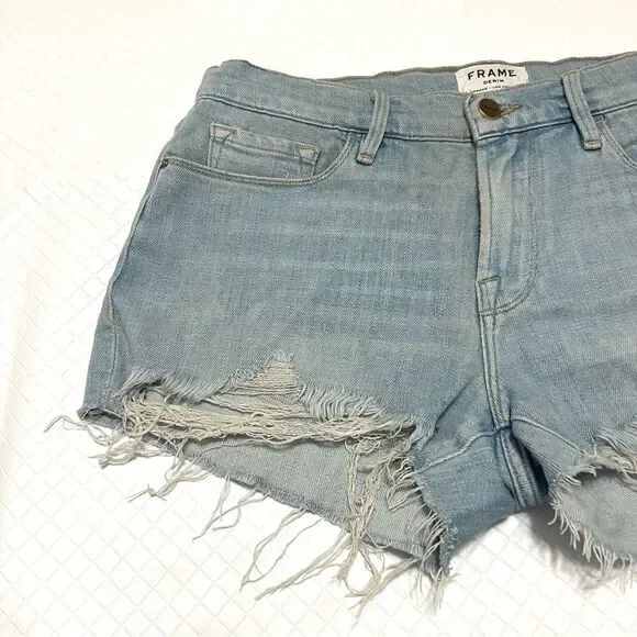 FRAME Le Cut Off Denim Shorts Hurrah Light Wash Raw Hem Distressed Size 27
